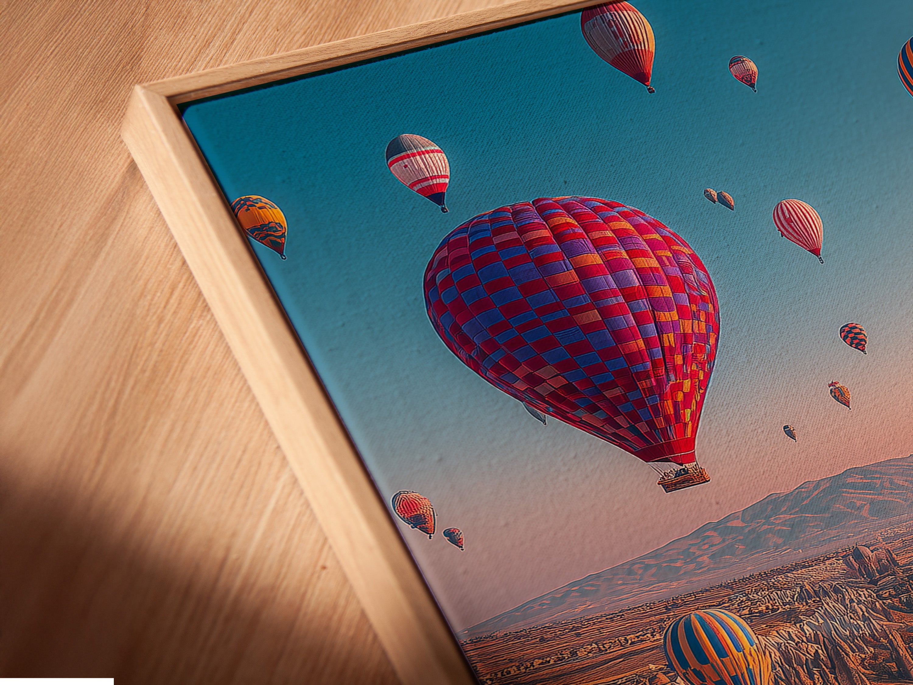 Close-up angled view of a canvas print in a floating frame. The Cappadocia landscape artwork appears to float. The floating frame adds a modern touch. It enhances the travel photography for bedroom decor.