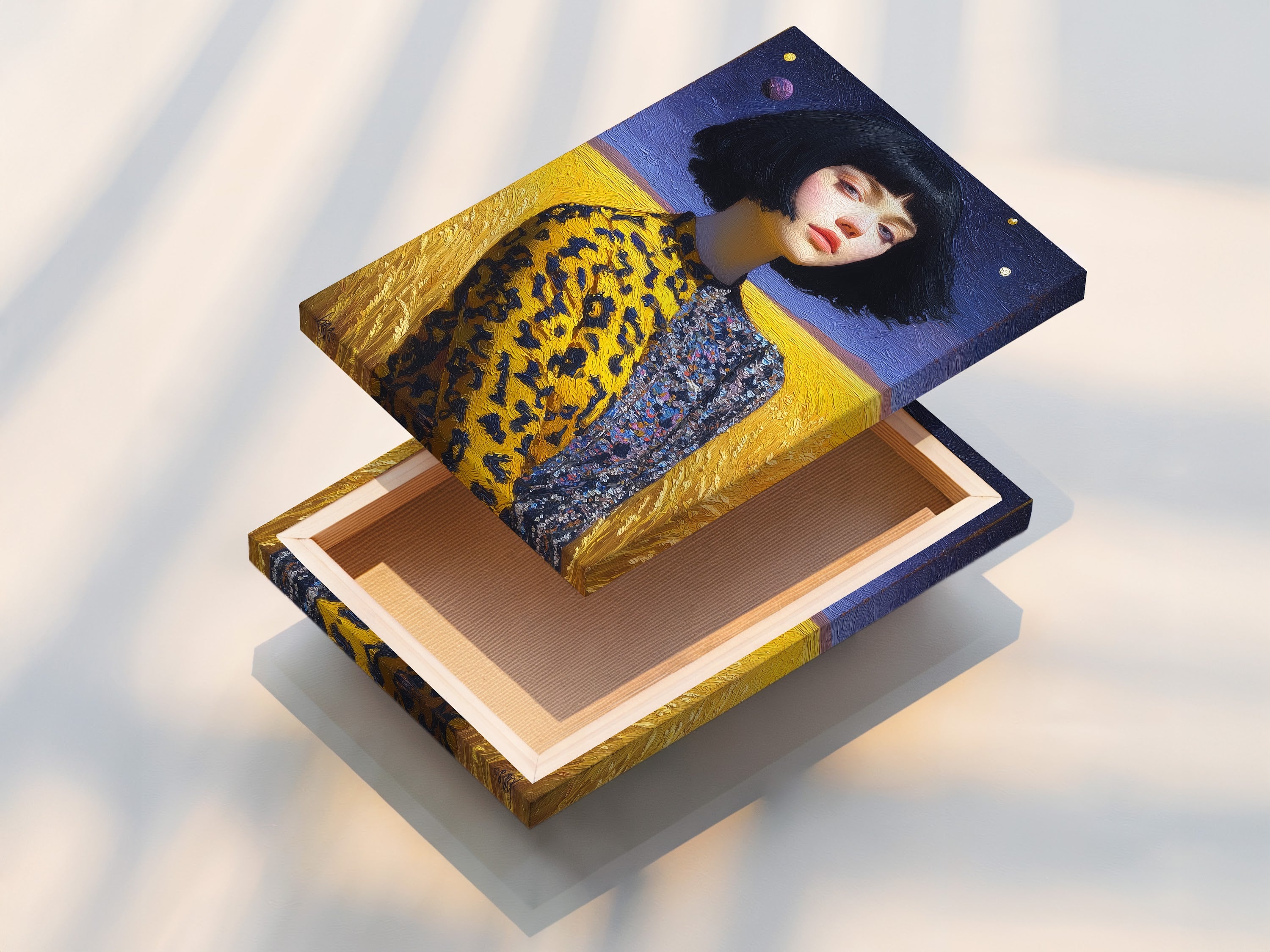 This stretched canvas print features a surreal portrait artwork. The artwork depicts a woman with a bob haircut. The stretched canvas provides a clean and modern look. This artwork is ready to hang. It enhances your wall decor.