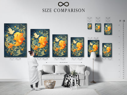 A size comparison chart is displayed in an interior setting showing various sizes of the Celestial Goldfish artwork. This nautical wall art is perfect for a kids room. Choose the ideal size to fit your space and bring a whimsical marine touch. The chart helps visualize how the artwork will look in your home.