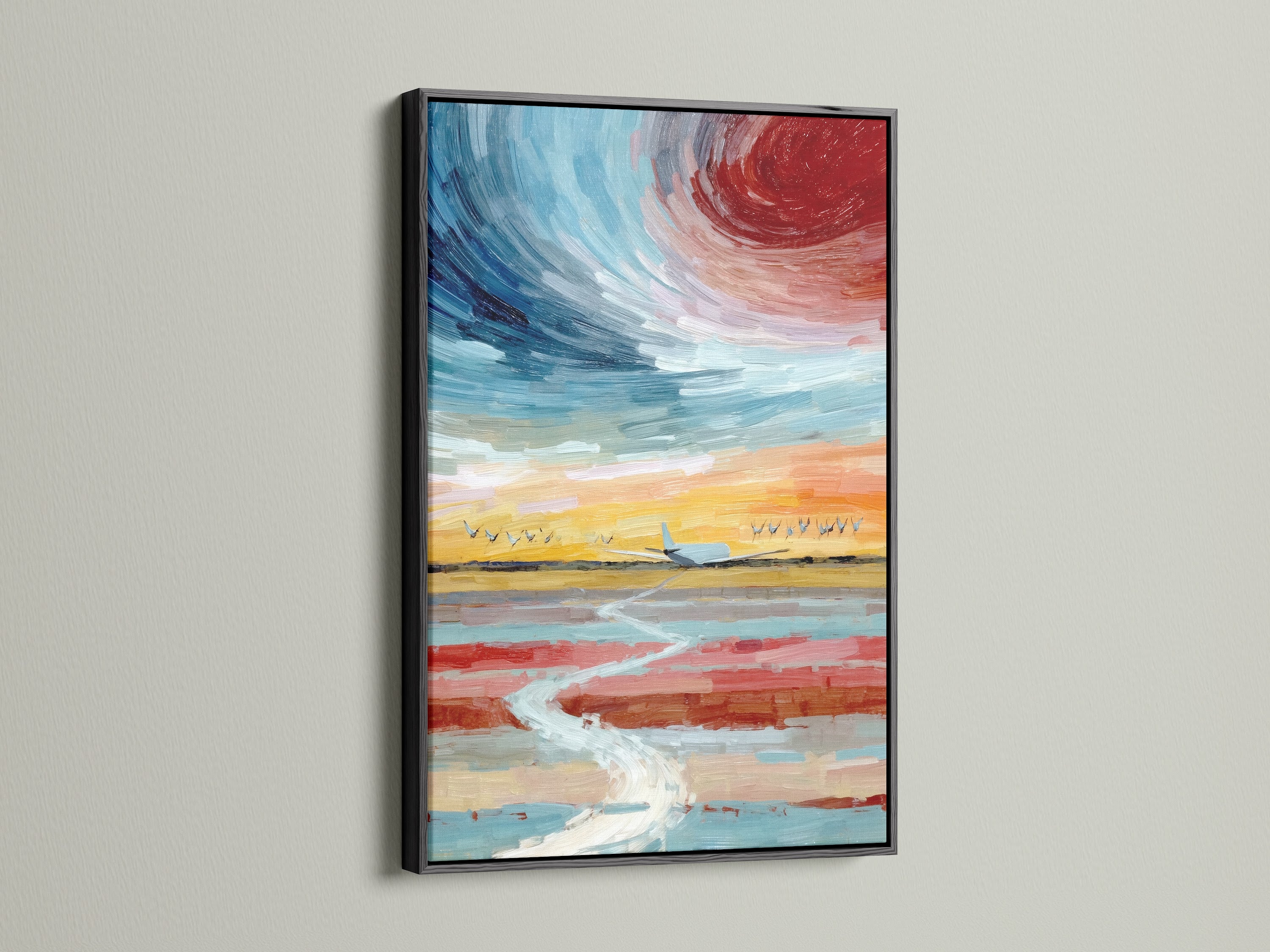 This black frame highlights the modern art print beautifully. The airplane flight canvas art offers a striking contrast. The abstract sky wall art creates a focal point. Bring the beauty of sunset wall art into your office. An excellent aviation gift for modern spaces.