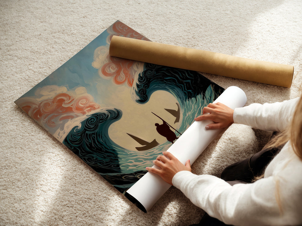 A woman is carefully rolling a fine art poster paper. She is ensuring it is perfectly smooth. This is preparing it for framing or display. Experience the care we take in handling your artwork. Order your fine art print today. Enjoy gallery-quality prints.