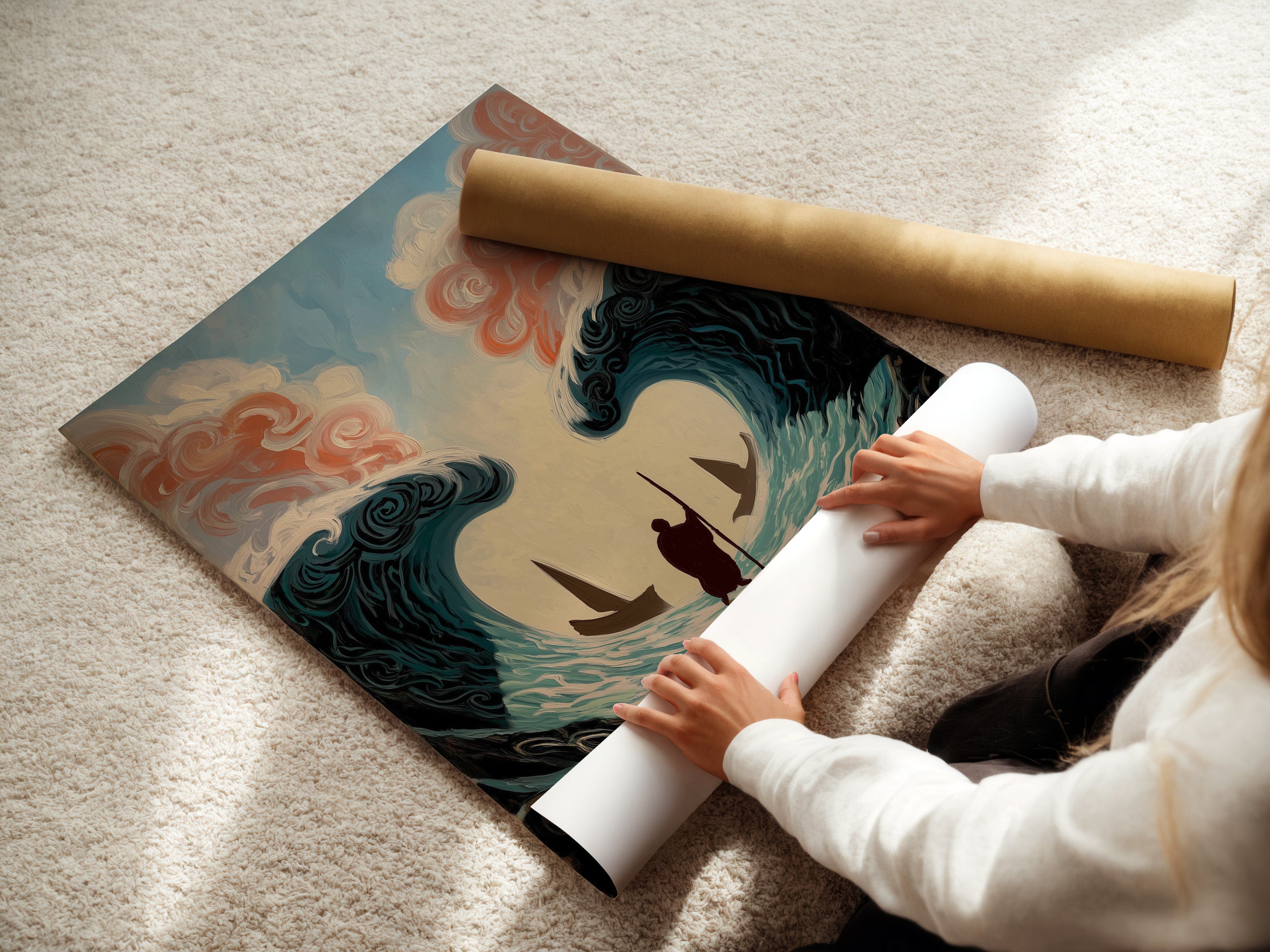 A woman is carefully rolling a fine art poster paper. She is ensuring it is perfectly smooth. This is preparing it for framing or display. Experience the care we take in handling your artwork. Order your fine art print today. Enjoy gallery-quality prints.