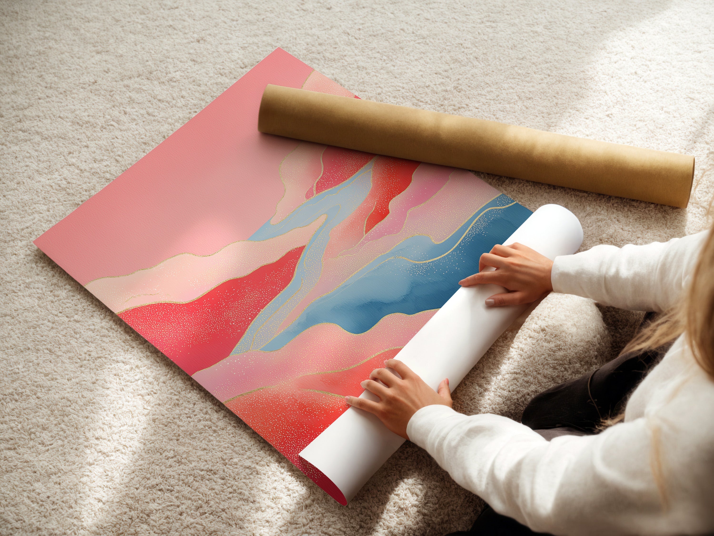 A woman carefully rolls a fine art poster paper. This abstract landscape is perfect for a bedroom. Get ready to bring modern nature print to your home. Ideal for spas retreats and creative studios.