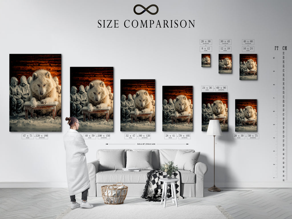 A size comparison chart is displayed in an interior setting. It helps visualize how the white wolf artwork will look in different dimensions. Choose the perfect size for your living room wall art or study room decor.