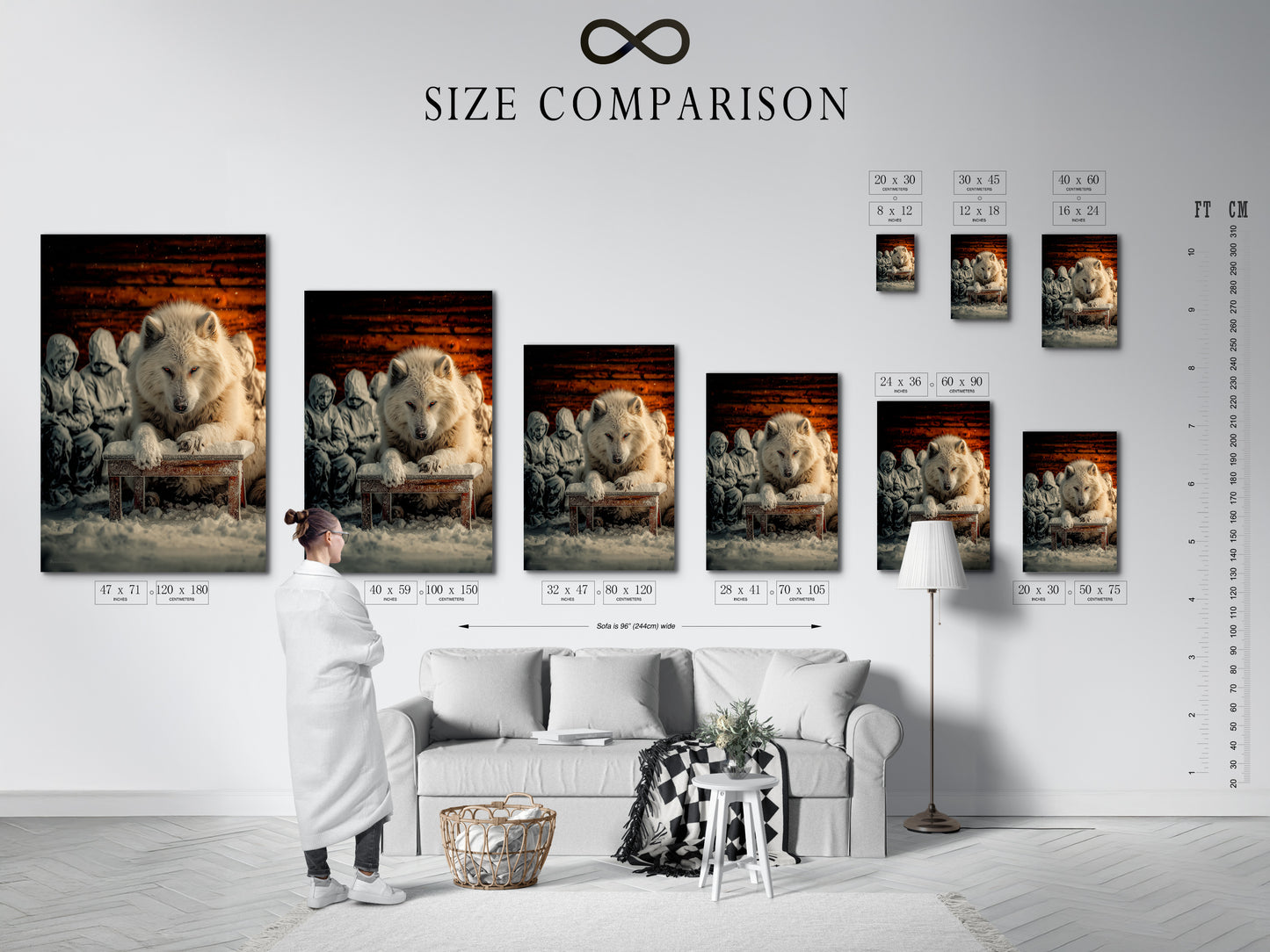 A size comparison chart is displayed in an interior setting. It helps visualize how the white wolf artwork will look in different dimensions. Choose the perfect size for your living room wall art or study room decor.