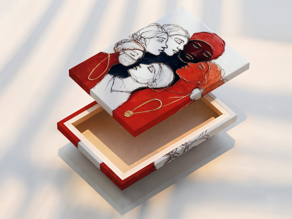 This stretched canvas print showcases women empowerment art. The artwork includes diverse female portraits. It is ready to hang and enjoy. Ideal for living rooms entryways and office spaces. This contemporary wall decor enhances any interior.