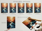 Available options for the Abstract River artwork include stretched canvas print fine art poster paper and floating frame. Choose the perfect style to match your home decor. Teal orange fluid art in various formats.
