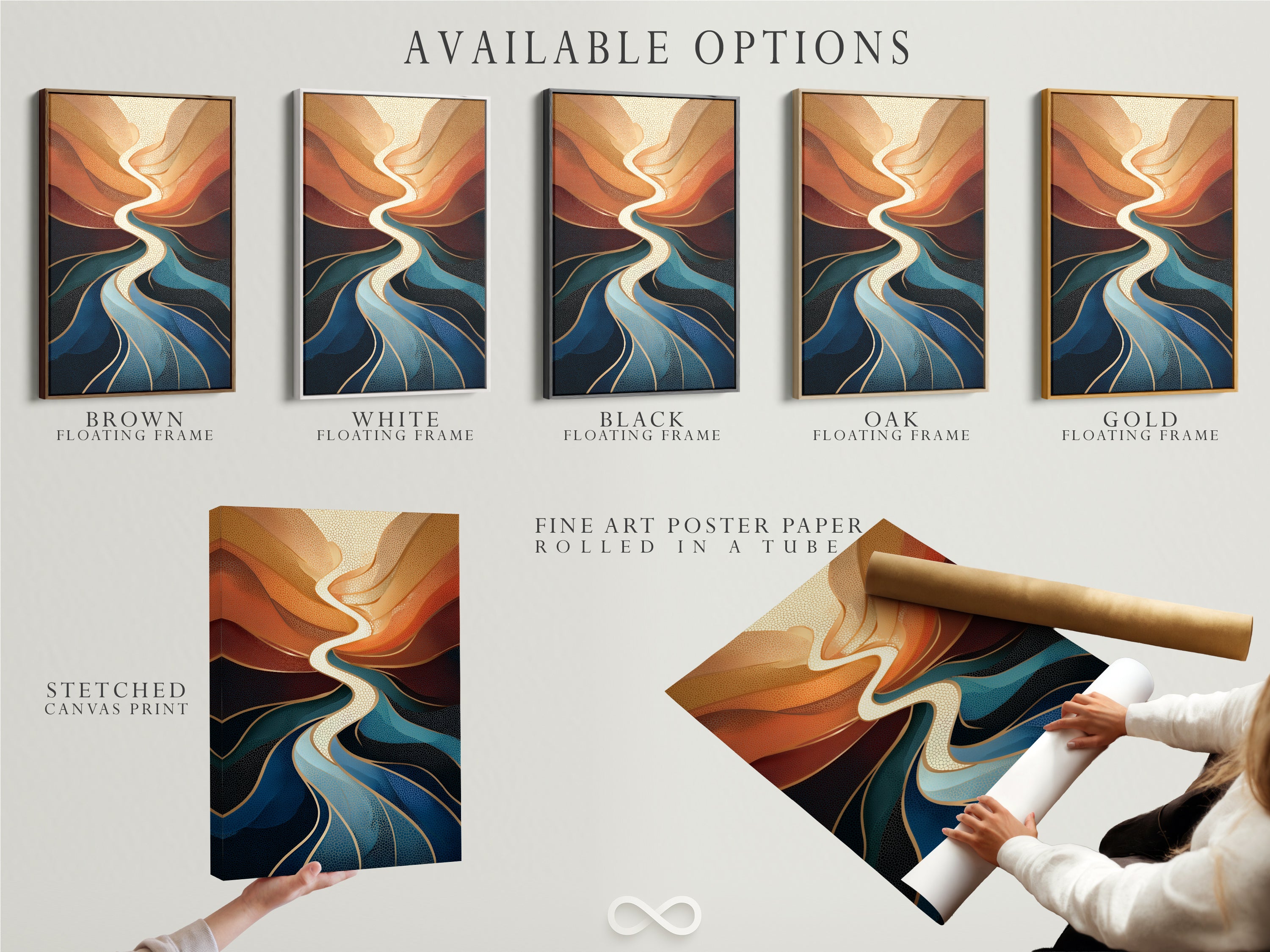Available options for the Abstract River artwork include stretched canvas print fine art poster paper and floating frame. Choose the perfect style to match your home decor. Teal orange fluid art in various formats.