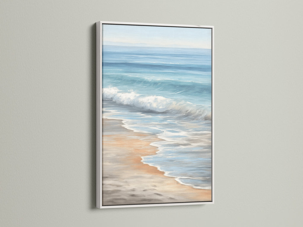 Seascape art in a white frame. This beach wall art complements minimalist and Scandinavian styles. The coastal print enhances your living room. Add a touch of the sea to your decor with this wave painting.