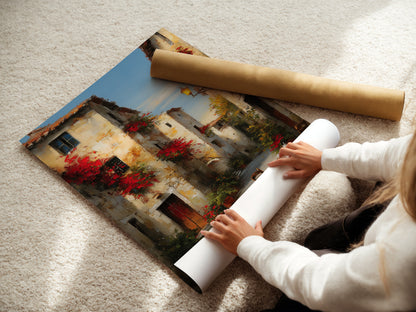 Woman carefully rolling a fine art poster paper. The poster paper features a stunning artwork. The artwork captures a beautiful street scene. Preserving art for display or storage. High quality fine art paper. Perfect for art enthusiasts and collectors.