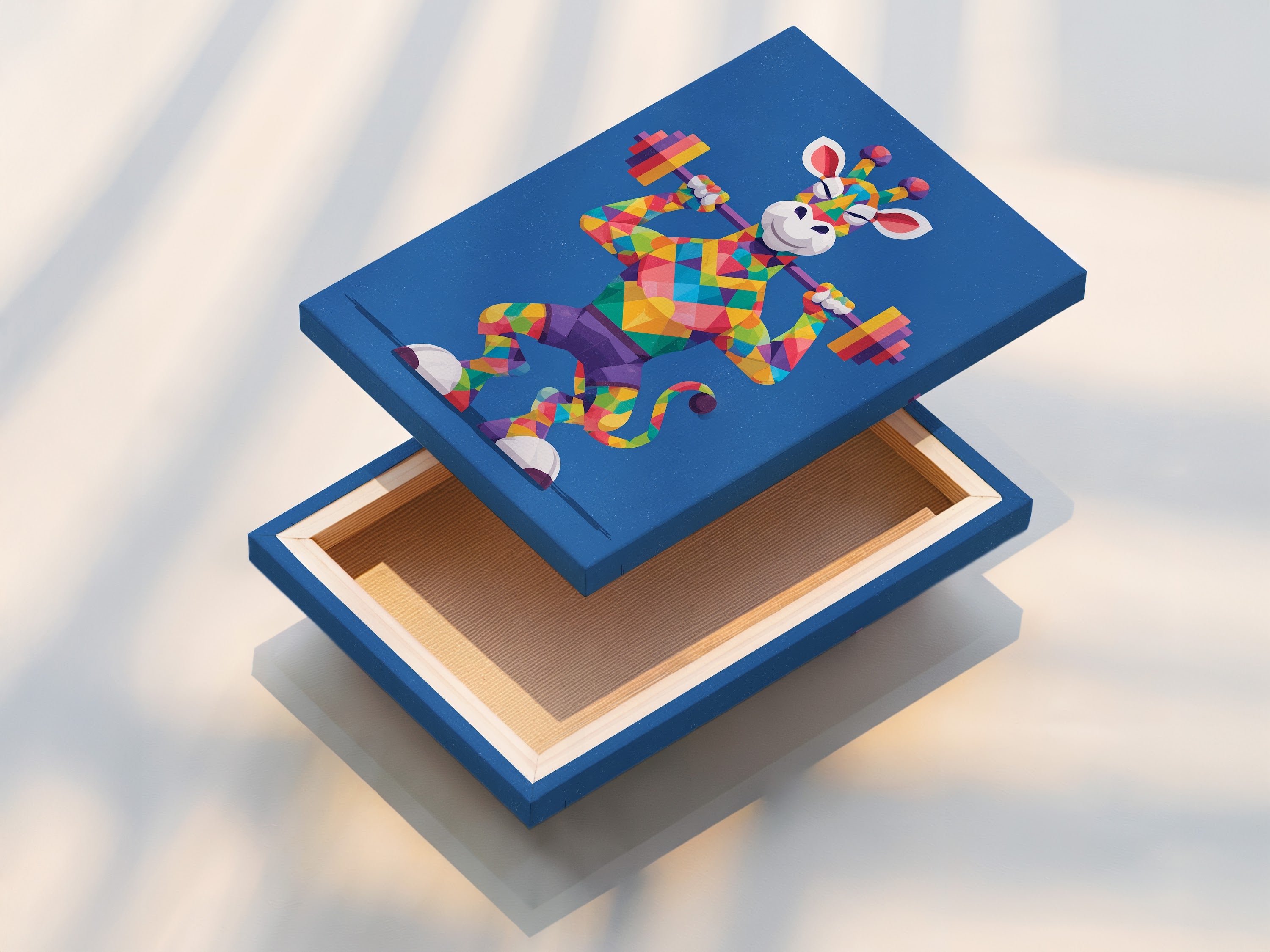 A stretched canvas print of the Geometric Giraffe. The artwork displays a colorful animal lifting weights. Ideal for modern gym decor. Add this motivational piece to your workout area. The primary color is blue with rainbow accents. Make your space vibrant today.