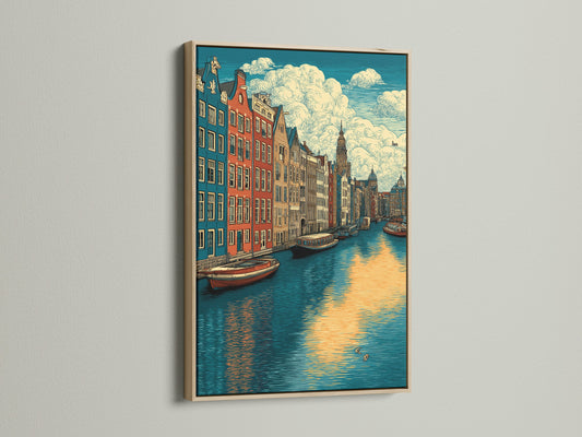 Amsterdam Canal Art Print - European City Wall Art, Vintage Travel Poster for Living Room Decor, Dutch Architecture Canvas