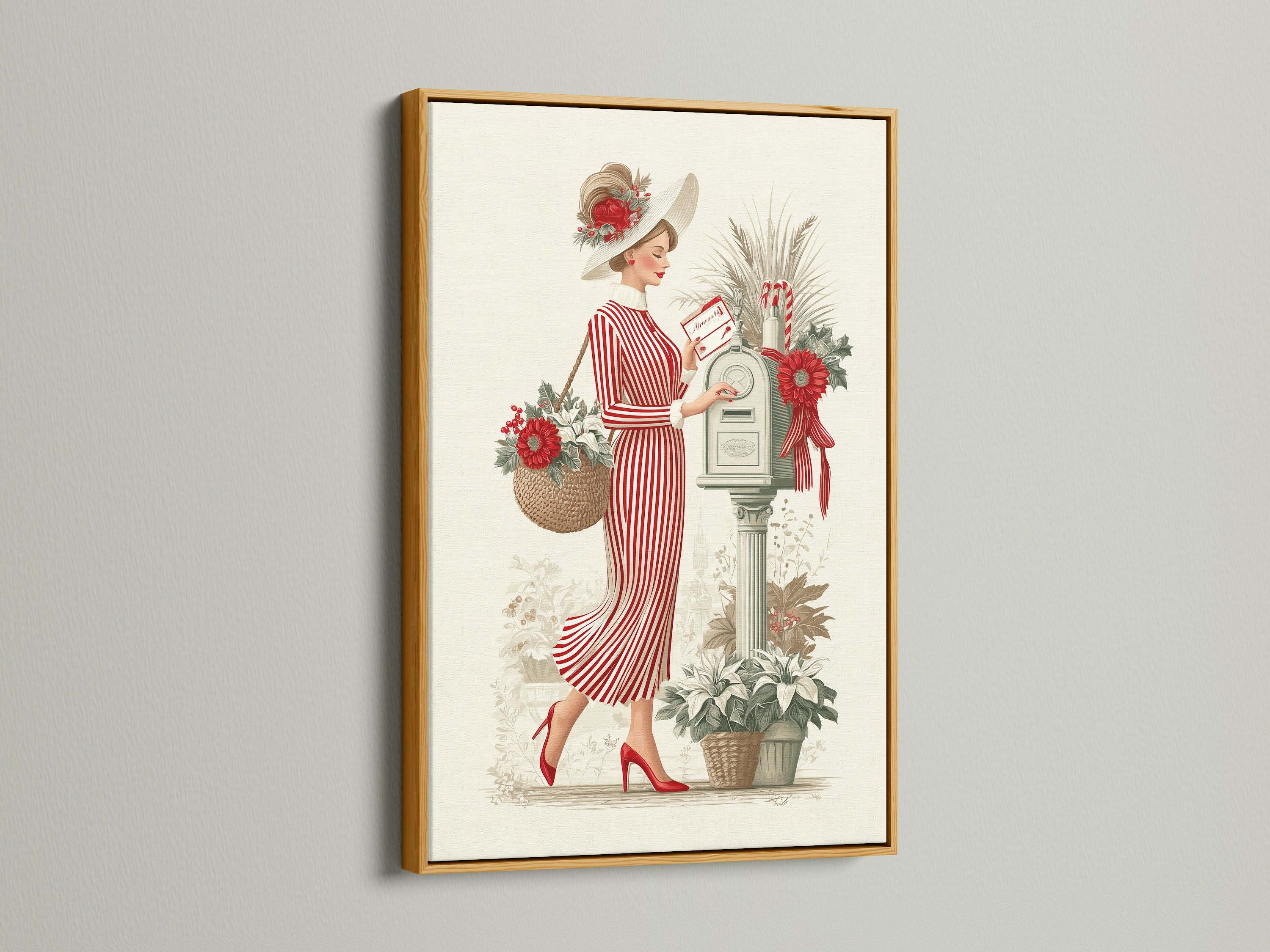 Displaying a vintage lady art print in a gold frame adds a luxurious touch. The red striped dress artwork exudes elegance. It is perfect for creating a sophisticated ambiance. Explore our collection for unique wall art options.