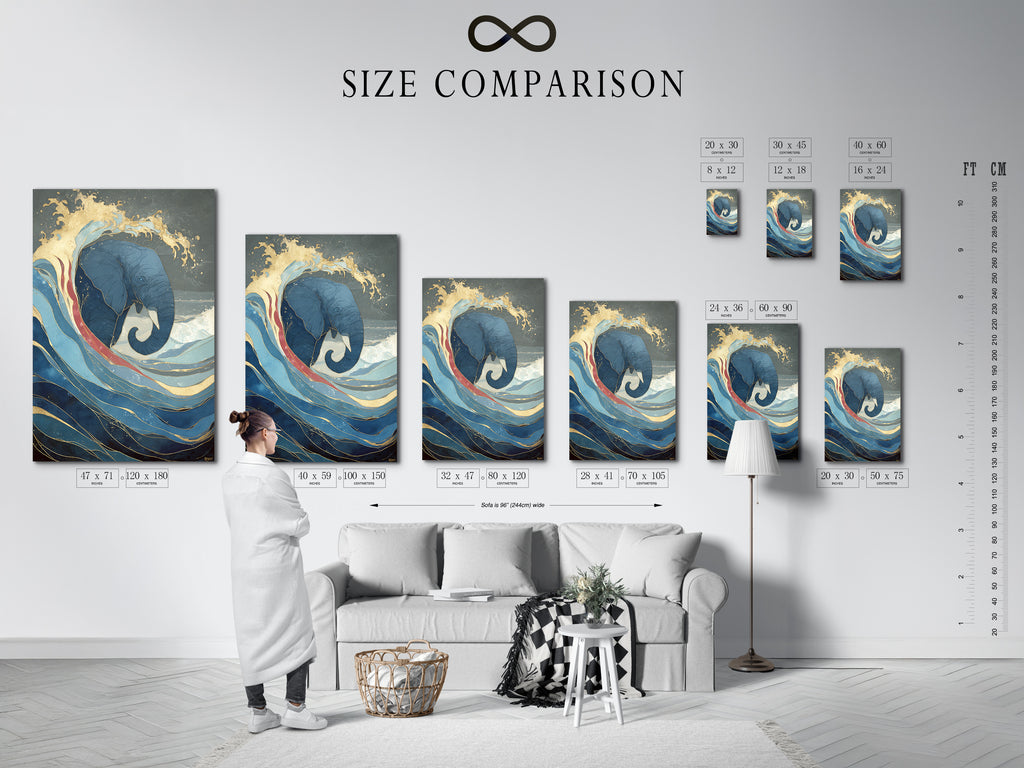 A size comparison chart is displayed in a stylish interior setting. This chart helps you visualize the different sizes of the elephant and wave artwork. Choose the perfect size for your living room bedroom or office wall decor needs.