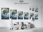 A size comparison chart is displayed in a stylish interior setting. This chart helps you visualize the different sizes of the elephant and wave artwork. Choose the perfect size for your living room bedroom or office wall decor needs.
