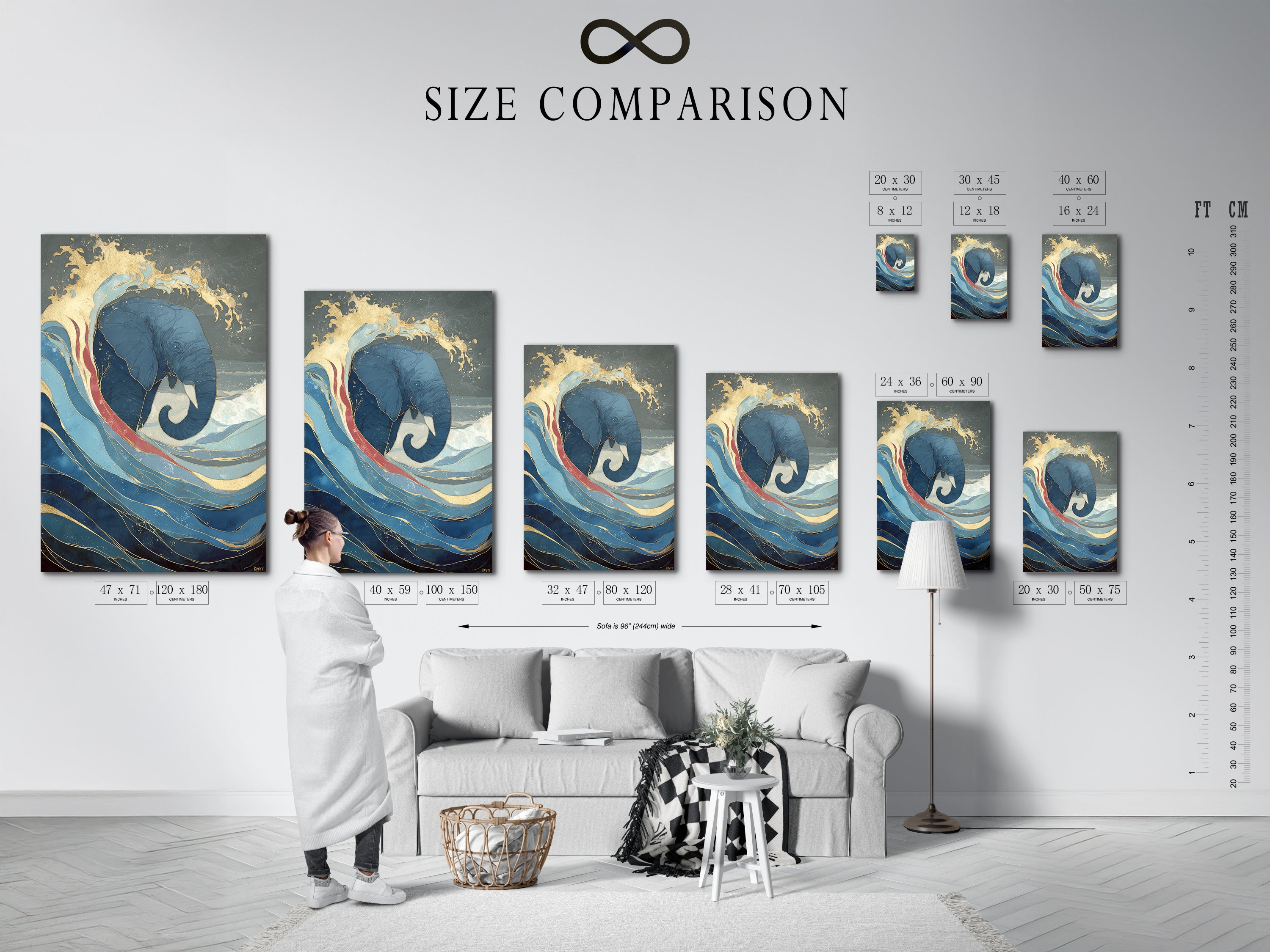 A size comparison chart is displayed in a stylish interior setting. This chart helps you visualize the different sizes of the elephant and wave artwork. Choose the perfect size for your living room bedroom or office wall decor needs.