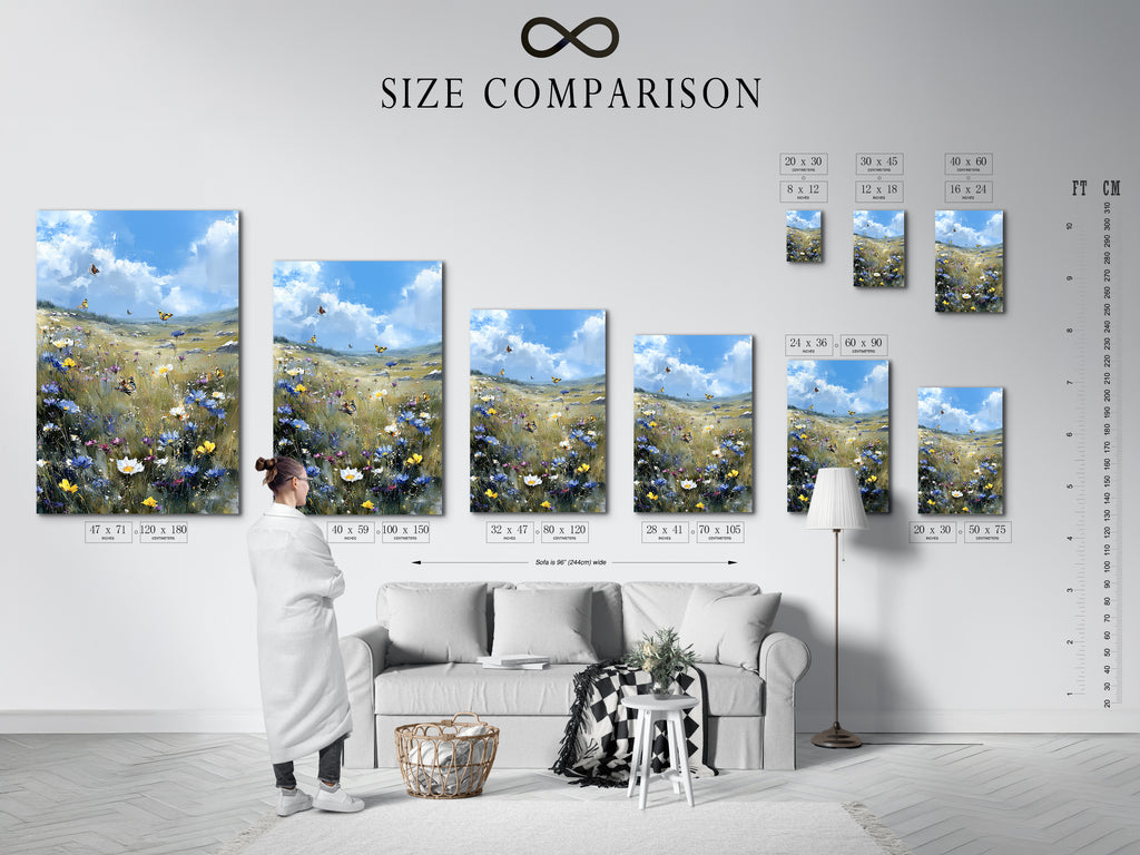 This size comparison chart shows the Wildflower Meadow art. It is displayed in an interior setting. See the different sizes available for this artwork. Find the perfect fit for your space today.