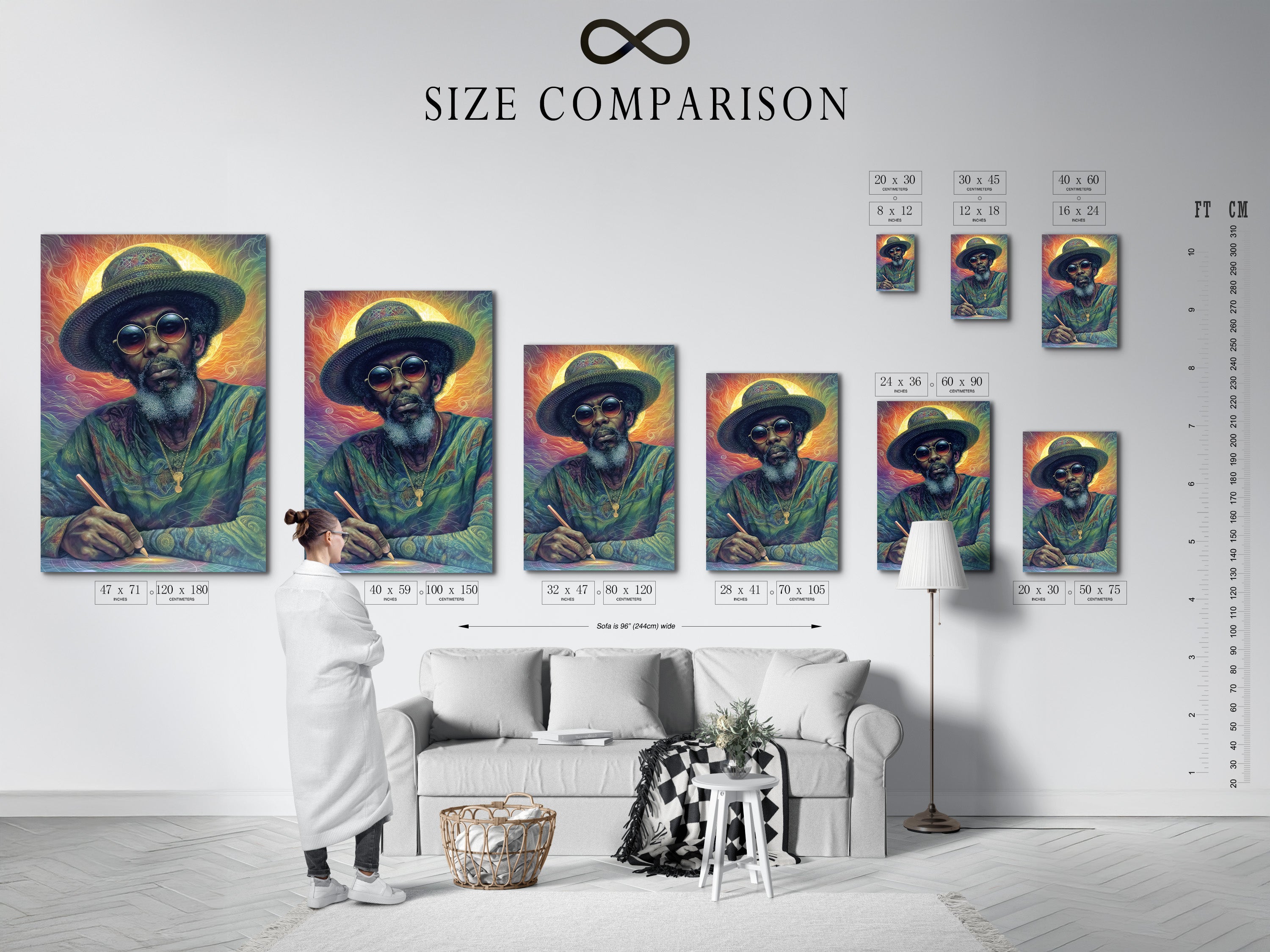 Size comparison chart displayed in an interior setting. Visualize how this psychedelic portrait artwork fits in your space. The colorful Rastafarian wall art enhances any room. It's ideal for music rooms and living rooms.