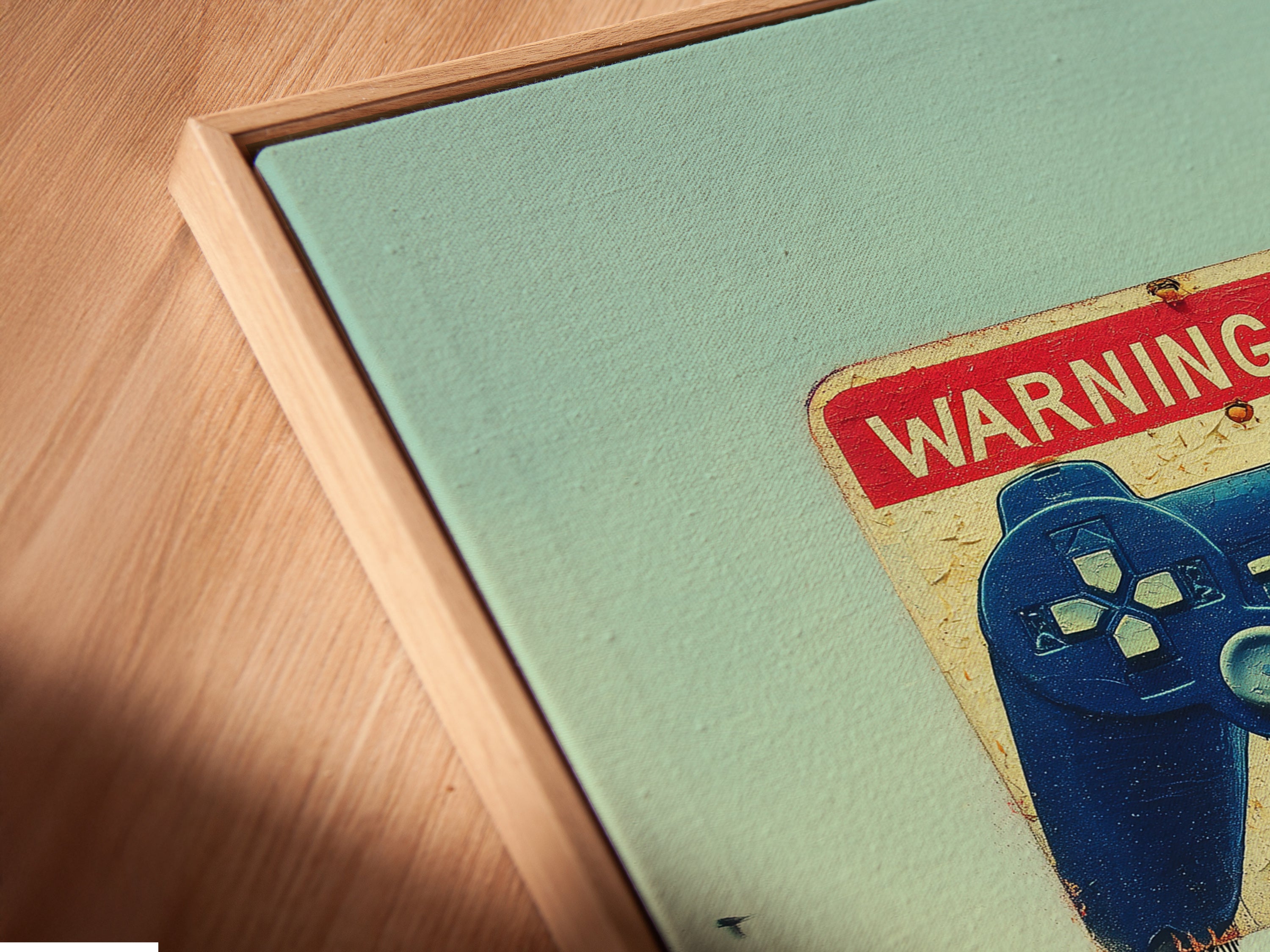 Angled close up of a Gaming Zone Canvas Print in a floating frame. This gamer wall art is modern. The controller art adds a unique touch. It's perfect as teen boy decor. The game room art is eye-catching and stylish.