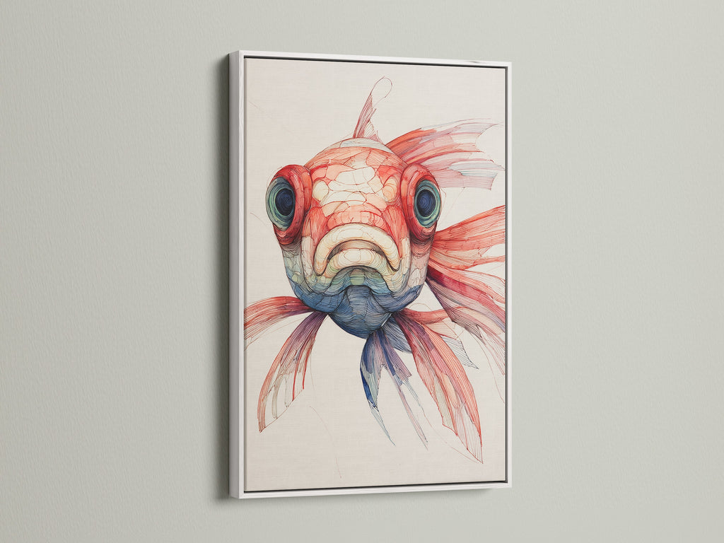 A modern fish artwork is displayed in a white frame. The clean white border accentuates the artwork. It provides a fresh contemporary look. The white frame enhances the colors and details. It makes it a perfect addition to any minimalist decor.