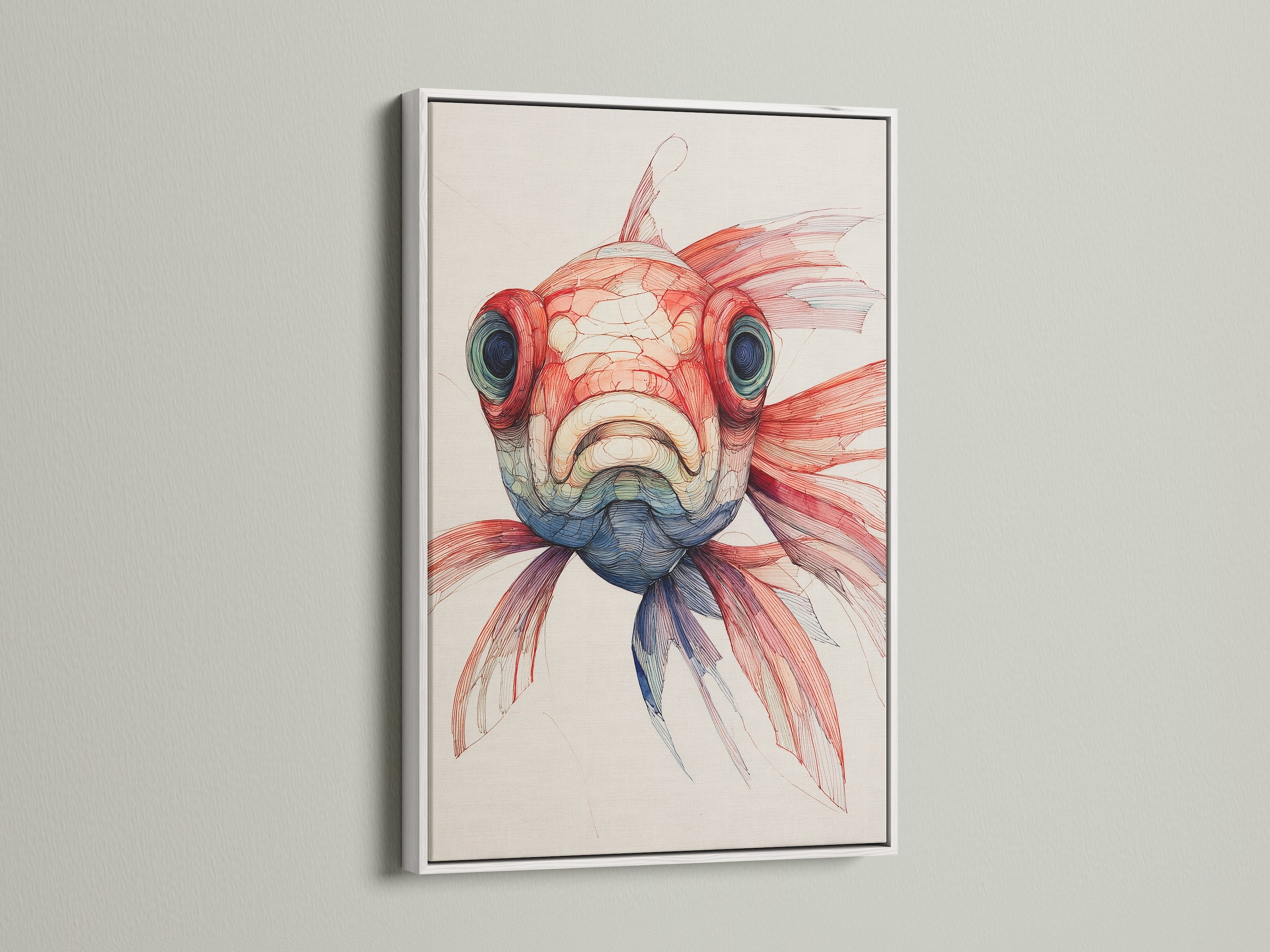 A modern fish artwork is displayed in a white frame. The clean white border accentuates the artwork. It provides a fresh contemporary look. The white frame enhances the colors and details. It makes it a perfect addition to any minimalist decor.