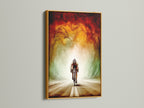 Cycling art canvas print in a gold frame. This modern sport artwork shines in any space. The gold frame adds a touch of luxury. Ideal for living rooms or man caves. The abstract canvas creates an energetic vibe.