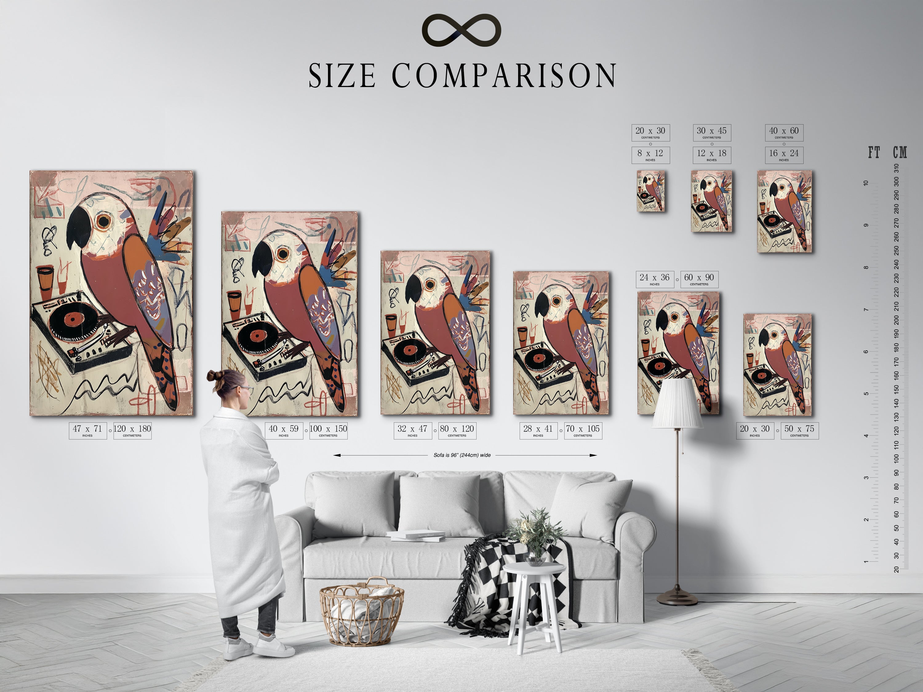 Size comparison chart showing the artwork in an interior setting. See how this vintage turntable poster fits in different spaces. Ideal for music rooms studios or any eclectic room. Find the perfect size.