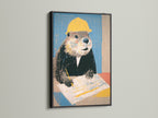 Framed beaver art print in a black frame. This quirky animal worker canvas makes for funny office decor. An ideal contractor gift. The artwork suits contemporary and eclectic styles. The primary color is yellow with blue accents.