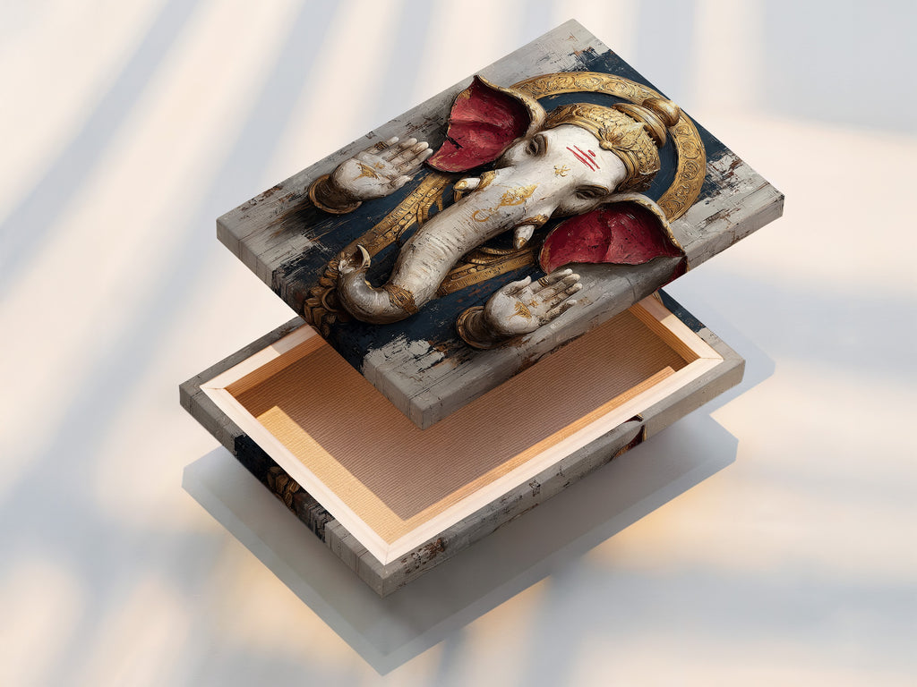 A stretched canvas print of Ganesha Wall Art is showcased. This Hindu Elephant God artwork is great for spiritual decor. It enhances bohemian meditation rooms and yoga studios. The stretched canvas brings the art to life.