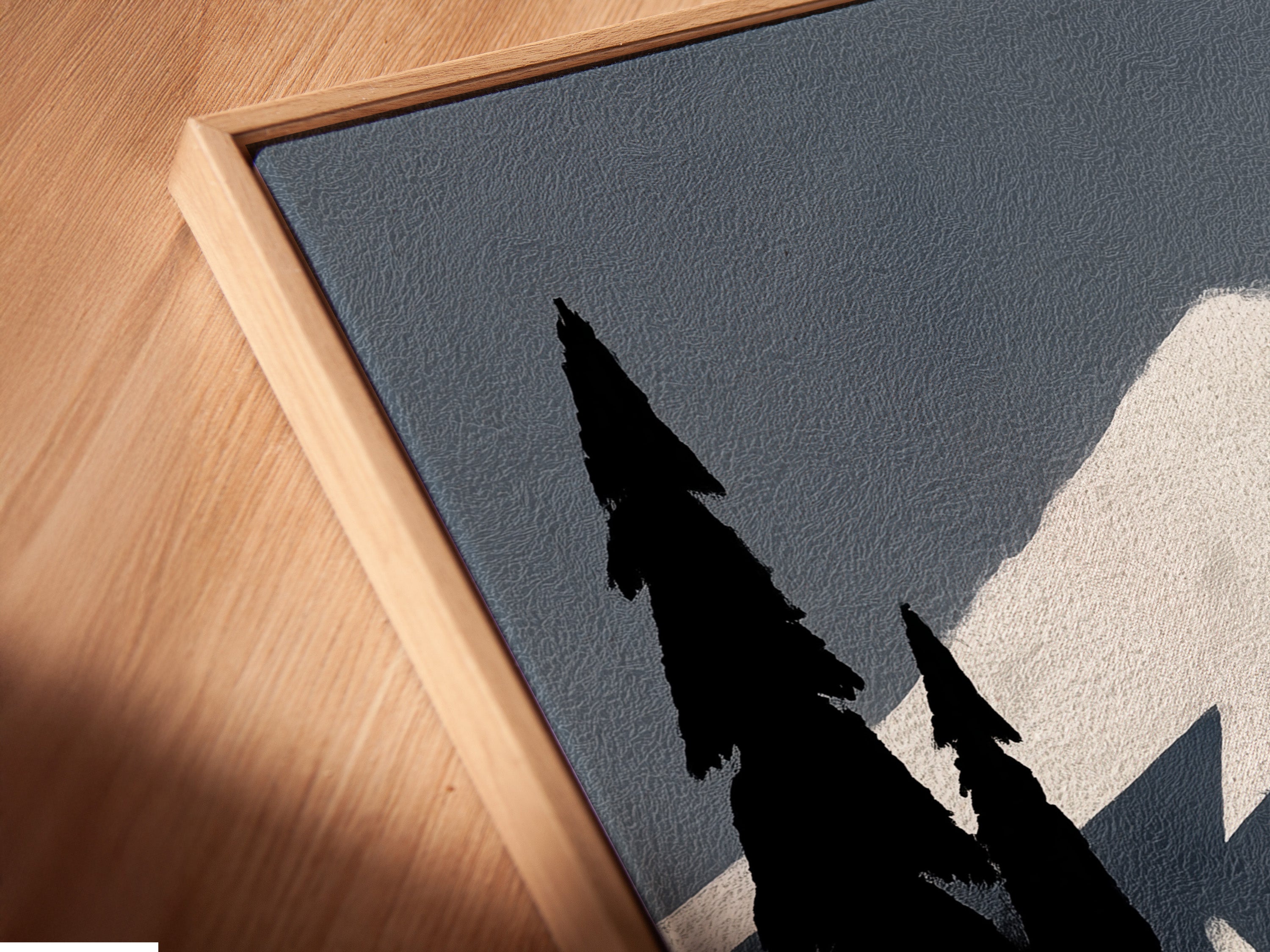 Angled close up of the Mountain Train canvas art print in a floating frame. Alpine railway wall art is perfect for minimalist or Scandinavian styles. Vintage travel poster art enhances any space.