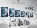 A size comparison chart is set in an interior. It helps visualize artwork dimensions. The chart assists in selecting the perfect Snowy Mountain Peaks Canvas Print. Ideal for home office wall art and boutique hotels.