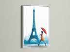Artwork displayed in a crisp white frame. The artwork is an Eiffel Tower canvas print. This Parisian woman with umbrella wall art adds sophistication. Ideal for minimalist contemporary or urban styles. Explore our office art studios lobbies and waiting rooms. Discover French artwork and Parisian decor options.