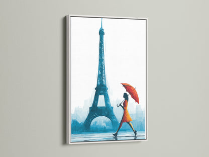 Artwork displayed in a crisp white frame. The artwork is an Eiffel Tower canvas print. This Parisian woman with umbrella wall art adds sophistication. Ideal for minimalist contemporary or urban styles. Explore our office art studios lobbies and waiting rooms. Discover French artwork and Parisian decor options.