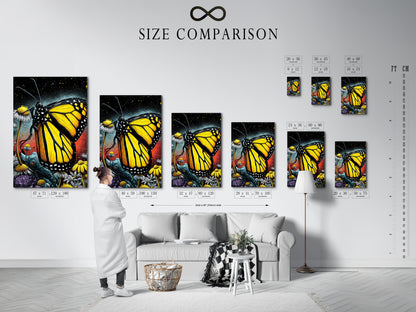 Size comparison chart displayed in a modern interior setting. Featuring the Monarch Butterfly wall art print. See how this floral insect canvas fits in various spaces. Perfect for any room in your home or office. Yellow accents.
