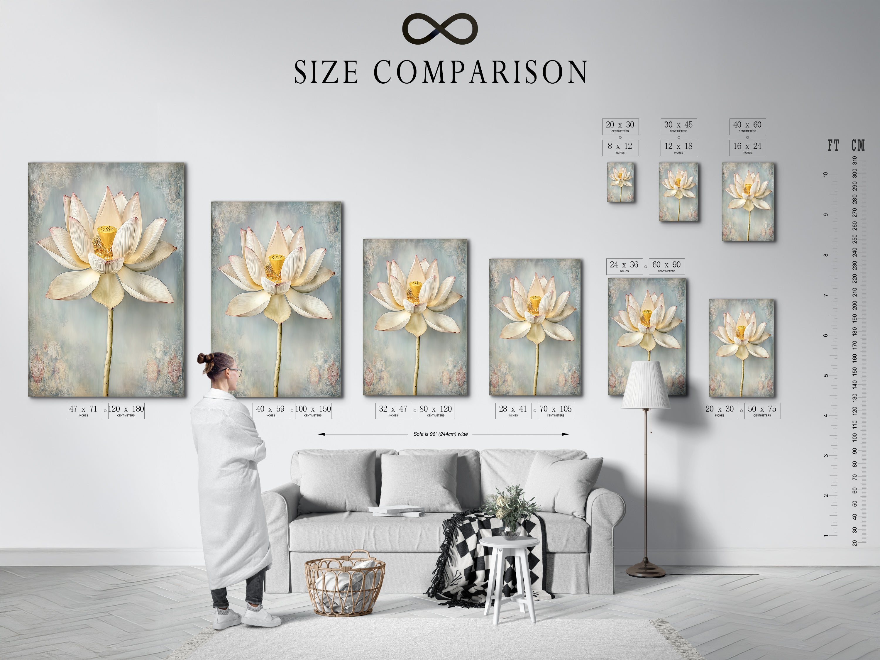 Size comparison chart in an interior setting. See how the Lotus Flower artwork fits different spaces. Choose the perfect size for your living room bedroom or spa. Modern botanical prints to elevate your decor.