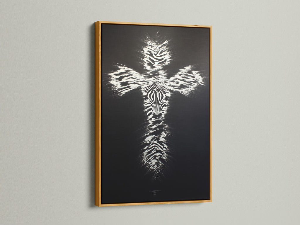 Religious Wall Art features a zebra pattern cross in a gold frame. This christian wall decor is a striking faith wall art piece. It is displayed as a spiritual art piece. Enhance your space with this unique cross print and add a touch of elegance to your decor.