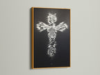 Religious Wall Art features a zebra pattern cross in a gold frame. This christian wall decor is a striking faith wall art piece. It is displayed as a spiritual art piece. Enhance your space with this unique cross print and add a touch of elegance to your decor.