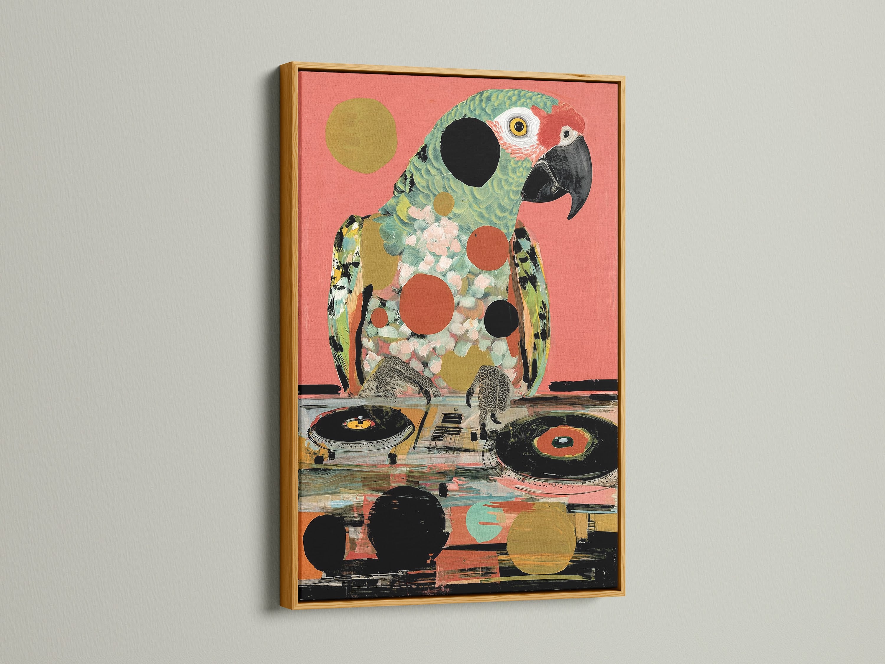 The Parrot DJ art print shines in a gold frame. This frame adds a touch of luxury to the tropical bird art. The gold frame complements the funky animal art. A perfect music lover gift. Enhance your coral wall art with this unique piece.