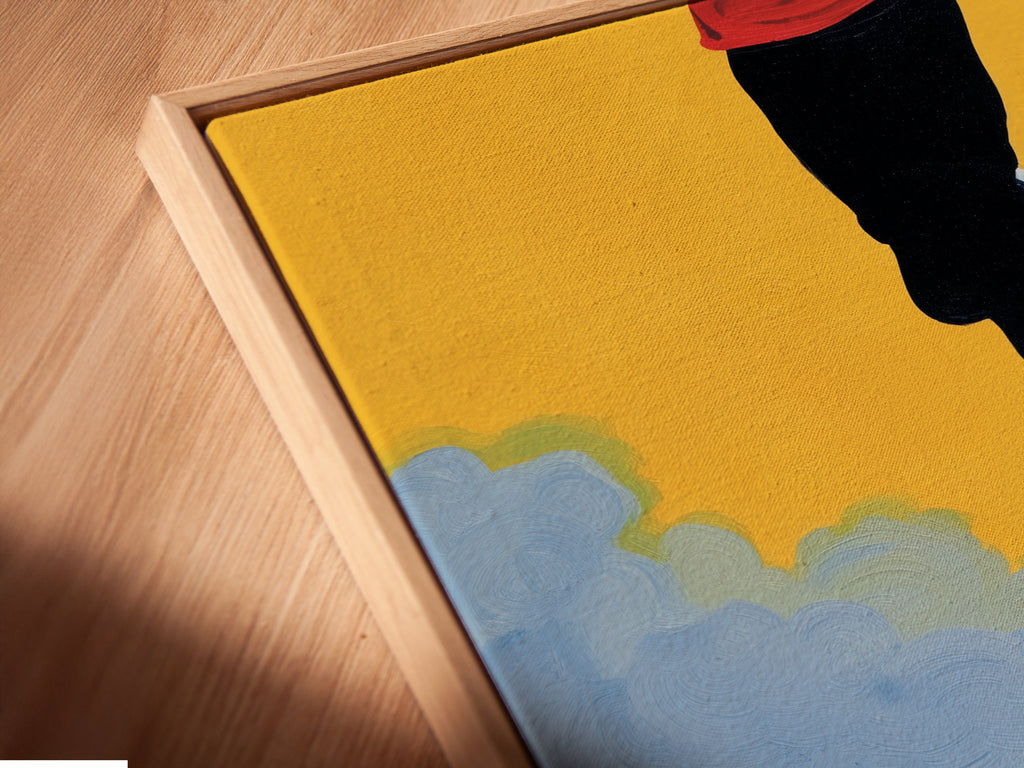 A close-up angled view of a runner canvas print in a floating frame. The abstract marathon wall art is a modern sport artwork. It is the perfect gift for any athlete. Elevate your space with this unique piece.