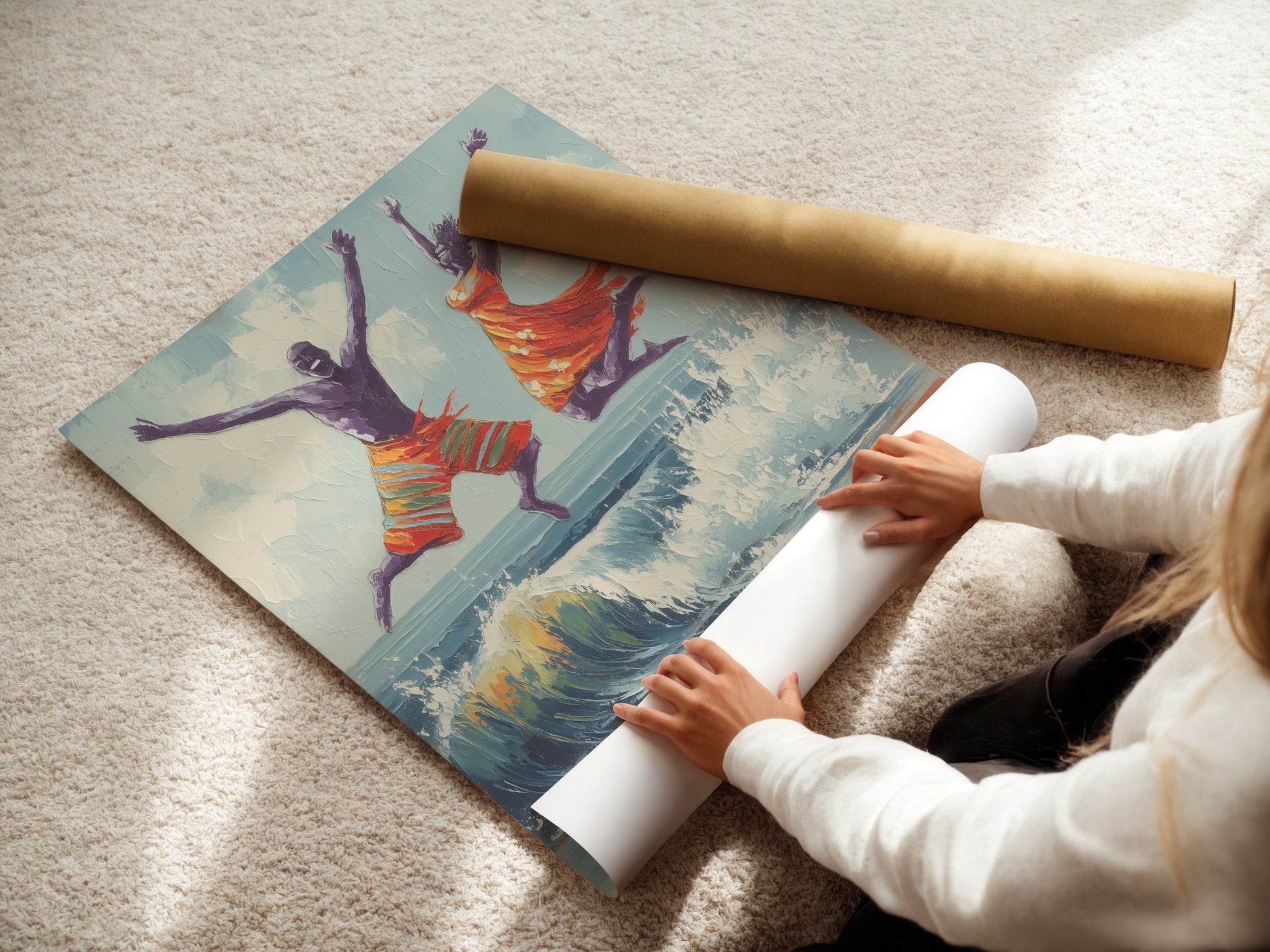 A woman is rolling a fine art poster paper of a joyful seascape. This artwork shows a man and women jumping over a wave on the beach. Fine art poster paper is great for any space. Shop for summer vibes art