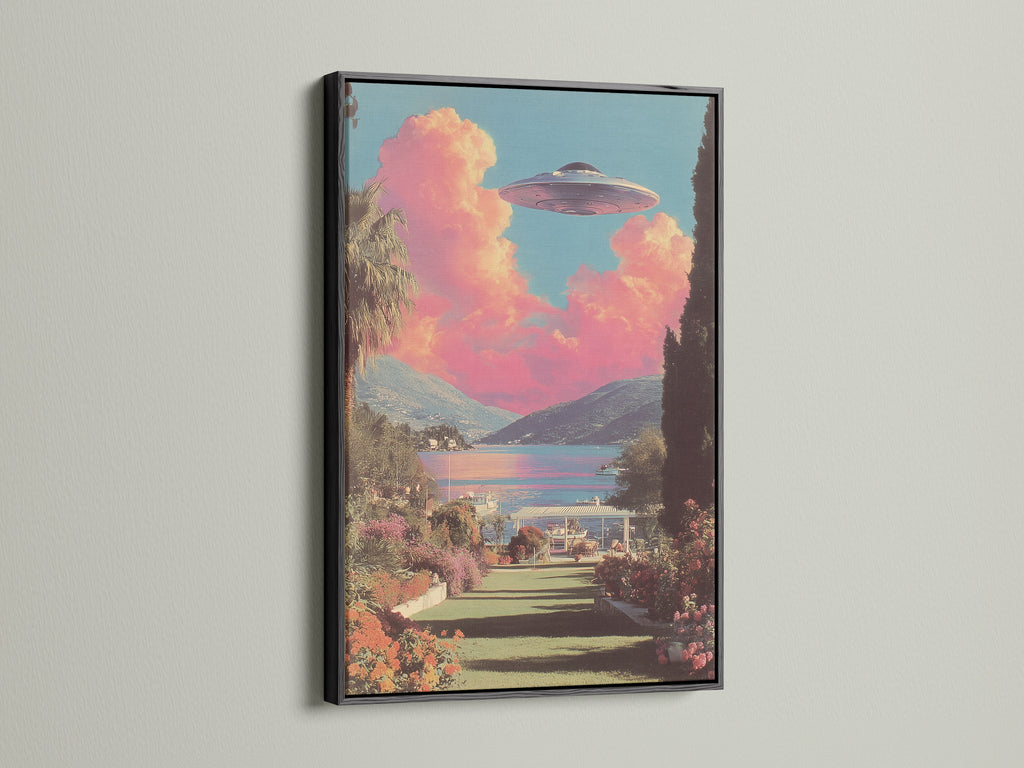 Enhance your sci-fi wall decor with this UFO landscape art print in a black frame. Perfect for office wall art. The space art print adds a unique touch to clinics. It complements modern styles. The primary color is pink. The secondary color is blue.