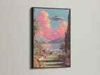 Enhance your sci-fi wall decor with this UFO landscape art print in a black frame. Perfect for office wall art. The space art print adds a unique touch to clinics. It complements modern styles. The primary color is pink. The secondary color is blue.