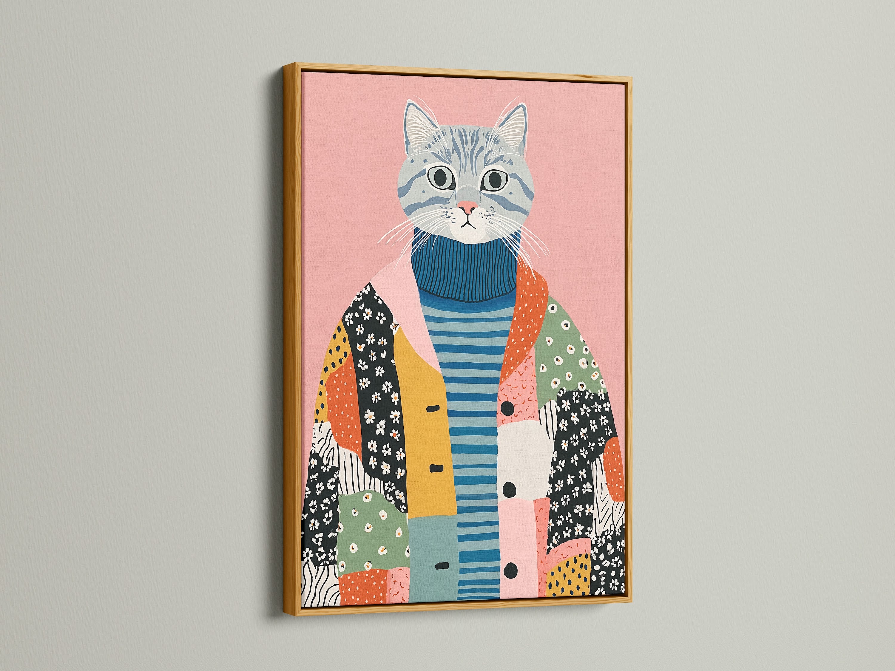 Eigenzinnige kattenkunstprint - Folk Art Cat Canvas, grillige dierenmuurkunst voor de kinderkamer