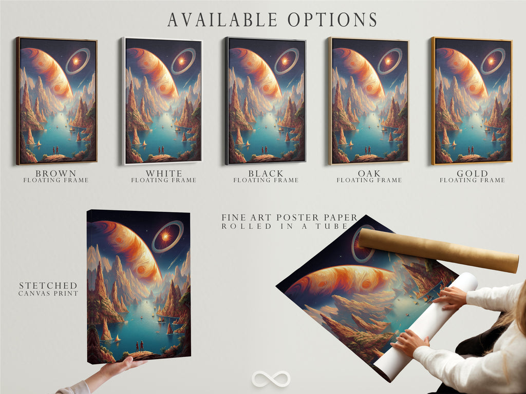 Available options are presented including a stretched canvas print fine art poster paper and a floating frame. The cosmic landscape artwork can be customized to suit any style and decor preference. It is ideal for personal and business spaces.