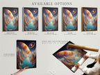 Available options are presented including a stretched canvas print fine art poster paper and a floating frame. The cosmic landscape artwork can be customized to suit any style and decor preference. It is ideal for personal and business spaces.