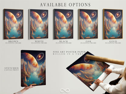 Available options are presented including a stretched canvas print fine art poster paper and a floating frame. The cosmic landscape artwork can be customized to suit any style and decor preference. It is ideal for personal and business spaces.
