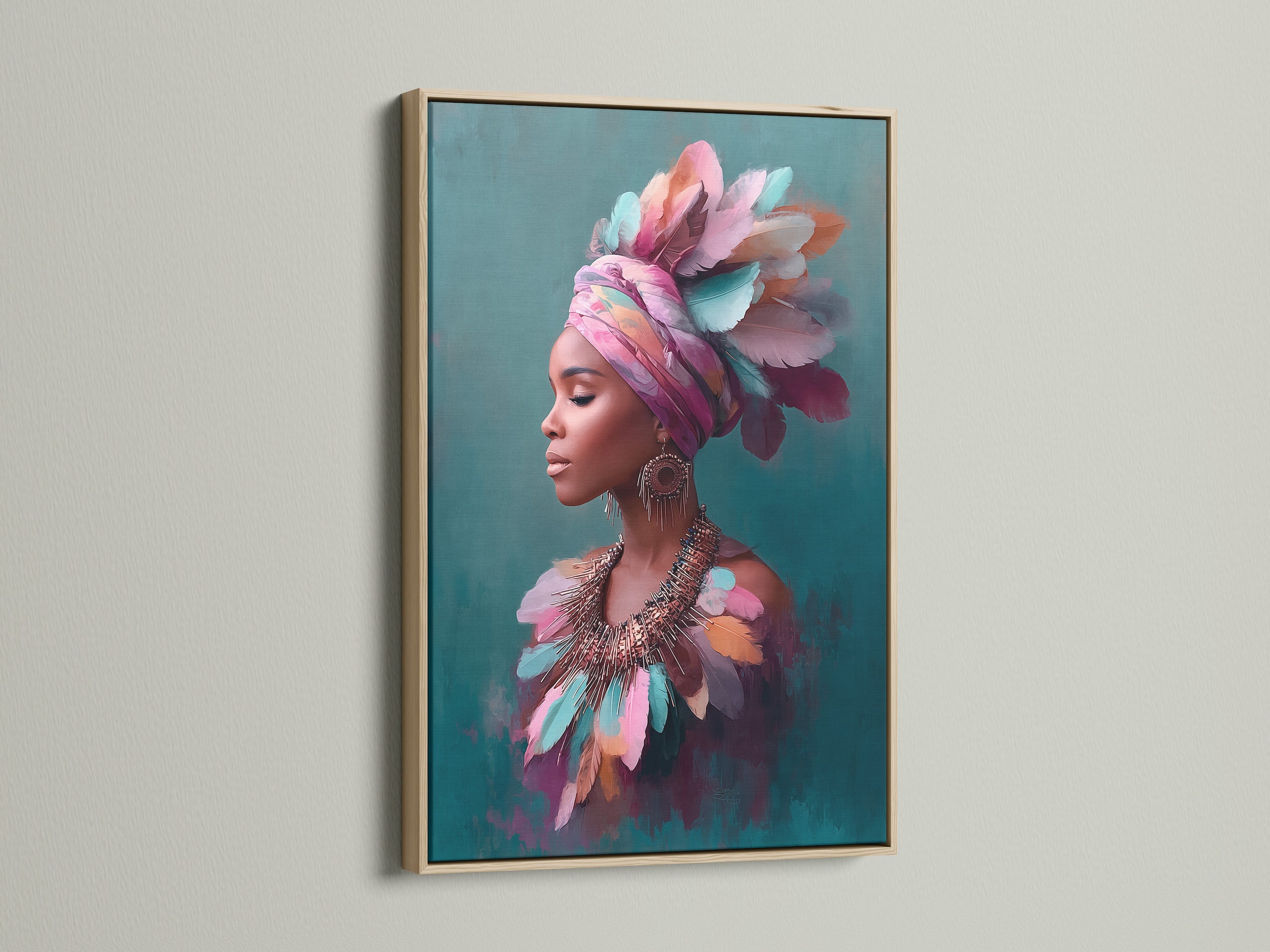 This image shows the African Woman Canvas Art with oak frame. The teal and pink feathers create a contemporary look. It's ideal for a modern bedroom or living room. The oak frame enhances the artwork's natural beauty.
