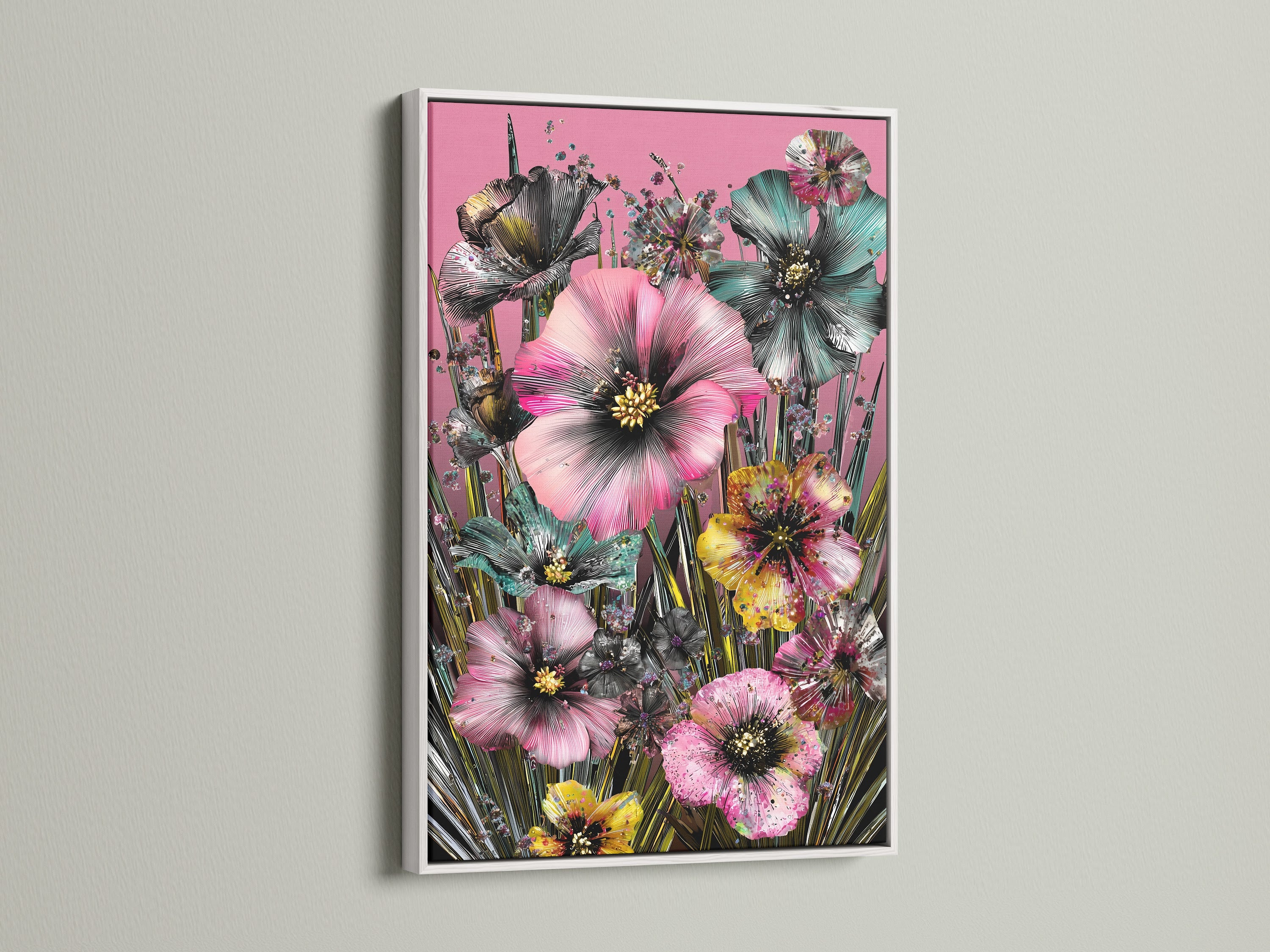 Pink hibiscus wall art in a white frame. This flower wall decor brings a touch of tropical art to any room. Ideal for contemporary minimalist or eclectic styles. Elevate your home with this botanical canvas.
