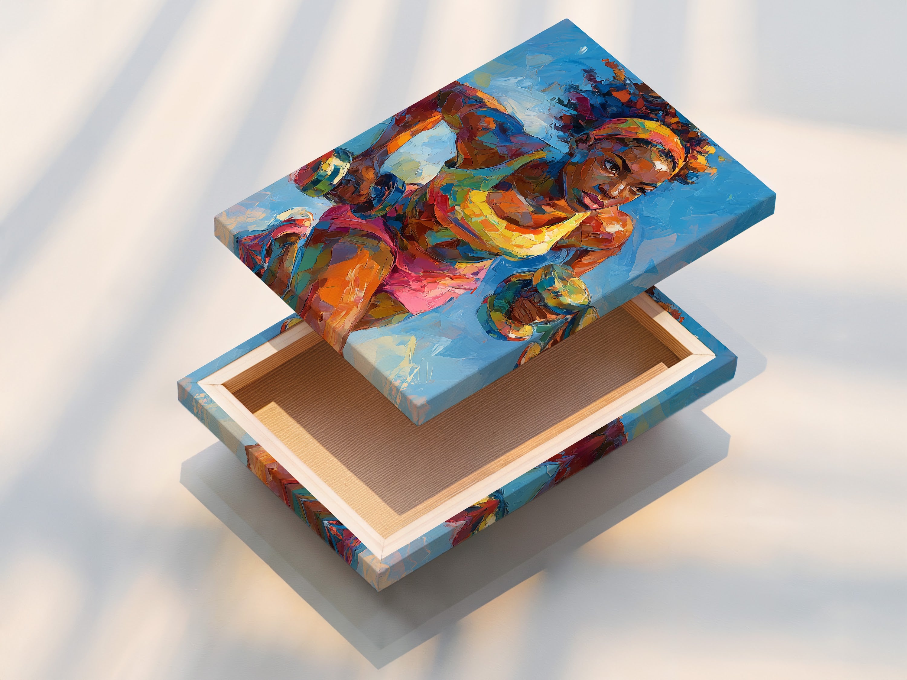 A stretched canvas print of the female boxer artwork is featured. The canvas is stretched perfectly. This provides a gallery-ready look. Ideal for creating a focal point in any room. Enjoy the vibrant colors and dynamic energy of this sports wall art.