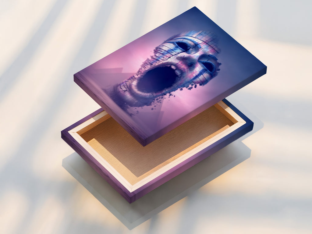 This is a stretched canvas print showcasing surreal digital artwork. The futuristic face art features purple and pink tones. This modern canvas art is ready to hang. It provides a vibrant and contemporary touch to any room.